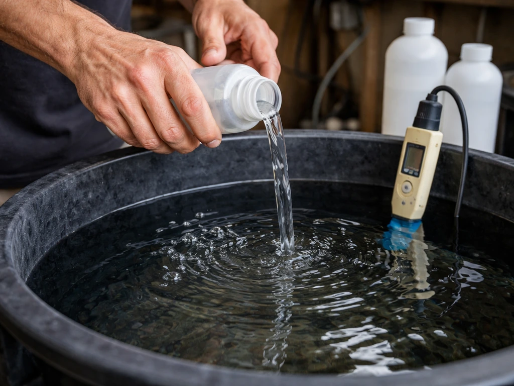Hands pouring hydroponic nutrient concentrate into a tank with a pH/EC meter probe visible.