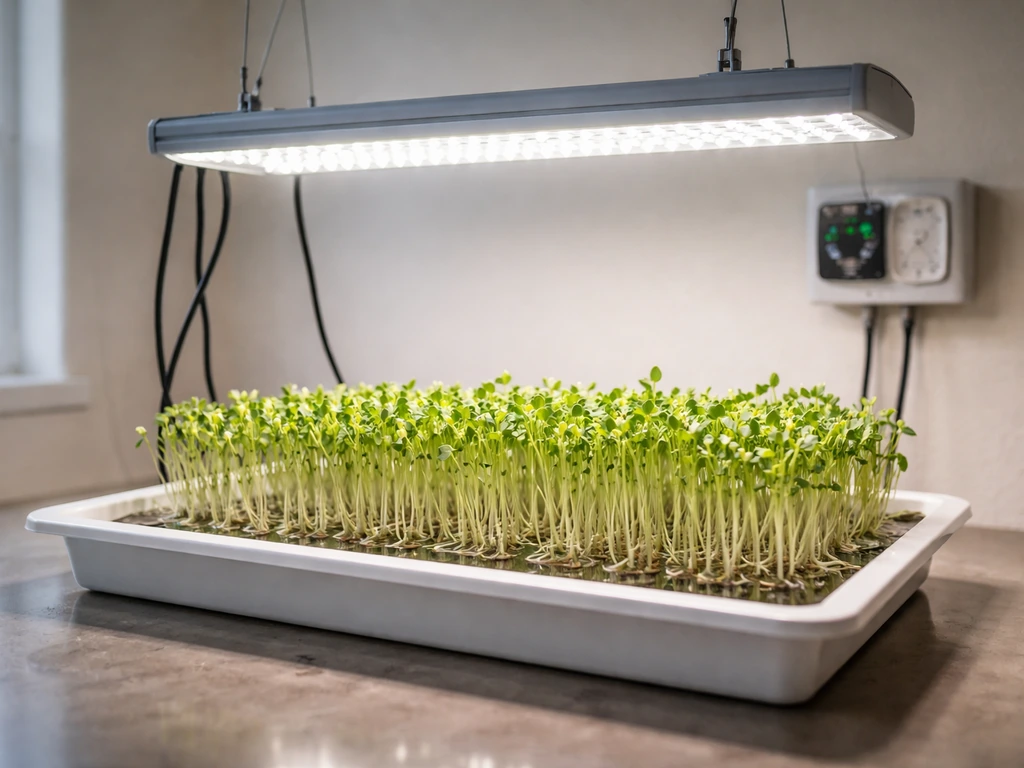Hydroponic fenugreek sprouts reaching toward an overhead LED grow light with a visible timer controller.