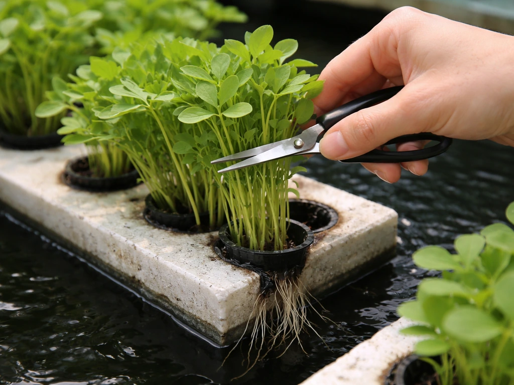 Hand snipping the upper stems of fresh fenugreek growing in a net-cup/raft system.