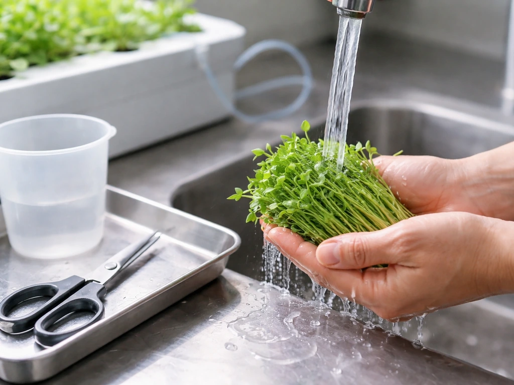 Hands rinsing freshly cut hydroponic fenugreek over a clean covered reservoir with sanitized tools