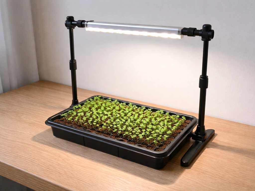 LED grow light hung above seed-starting tray on a windowsill, showing proper distance for seedlings