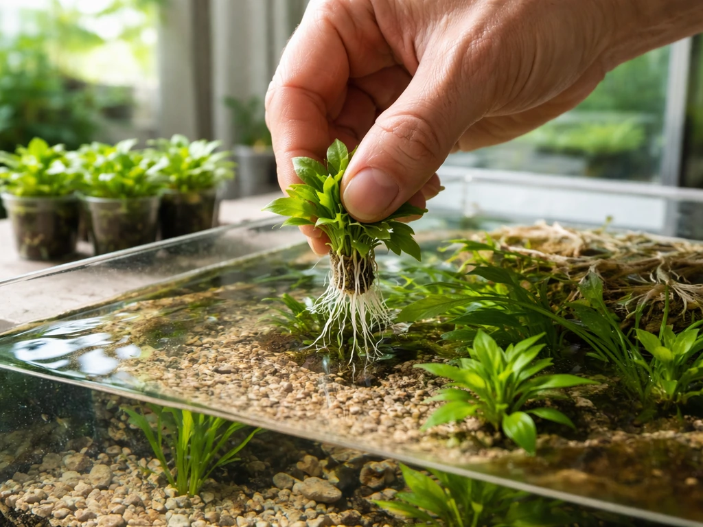 Hands gently lowering small seedlings from a tray into a clear aquarium.