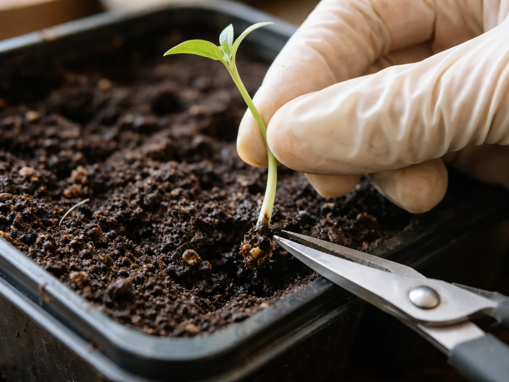Close-up of young seedlings with dark rotted base soil; gardener gently lifts one plant for cleanup.