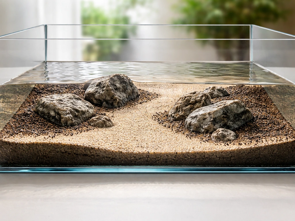 Close-up of a shallow aquarium aquascape setup showing substrate depth, hardscape, and empty planting zones