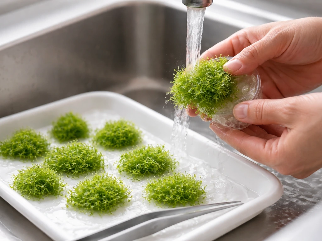 Hands rinsing agar gel off a tissue-culture plant mass into small clumps in a clear cup setup.