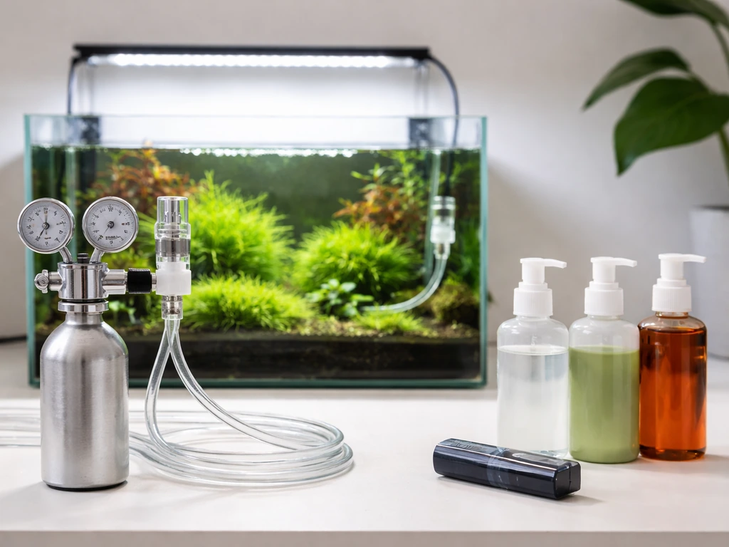 Tabletop aquarium setup with LED light, CO₂ regulator/diffuser, and unlabeled dosing bottles