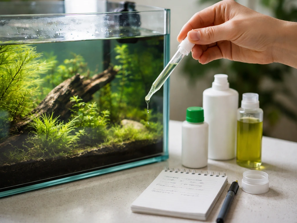 Hand dosing liquid fertilizer into an aquarium using a dropper, with a few bottles nearby on a clean counter.