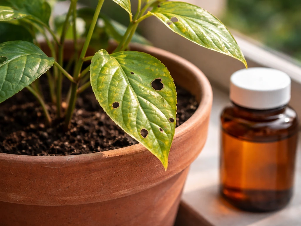 Close-up of green plant leaves with small holes, next to a potassium/micronutrient supplement bottle on soil