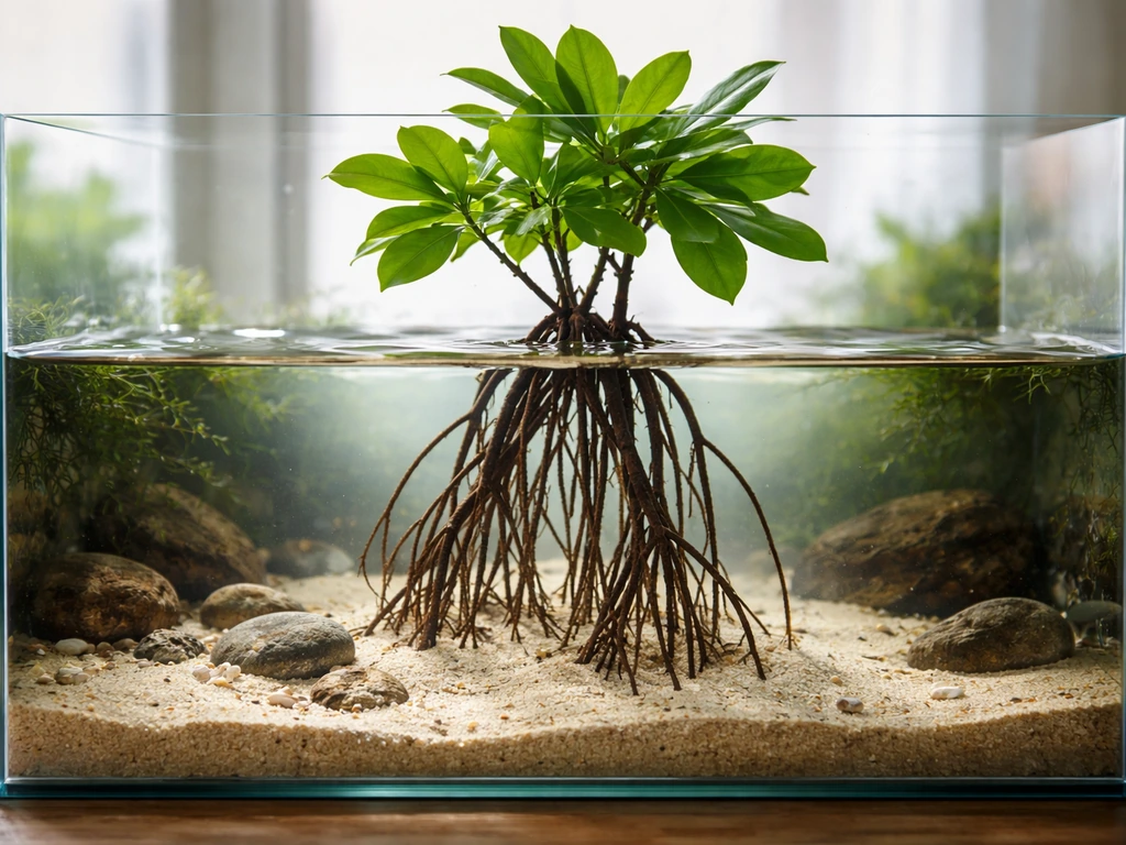 Small freshwater aquarium with a mangrove canopy and exposed roots in sand under soft natural light.