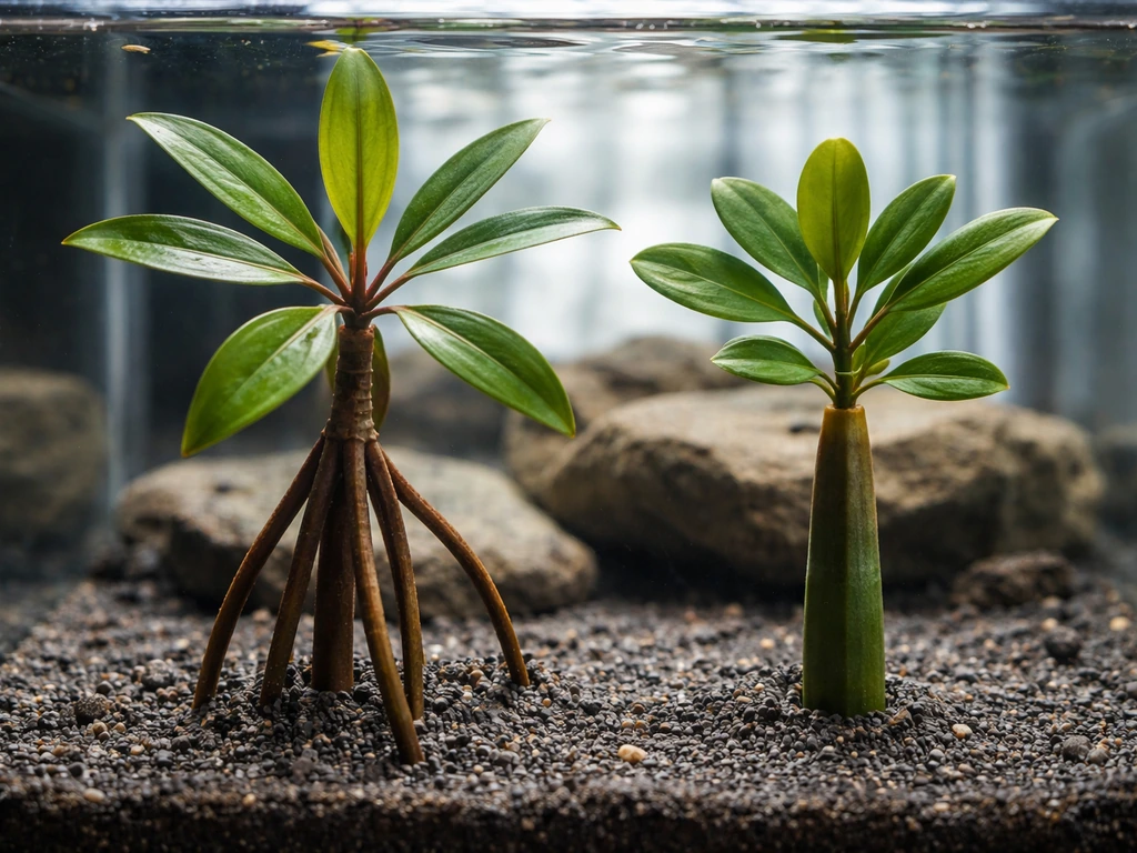Close-up of two mangrove types in an aquarium tank, showing different leaf and root/proagule forms.