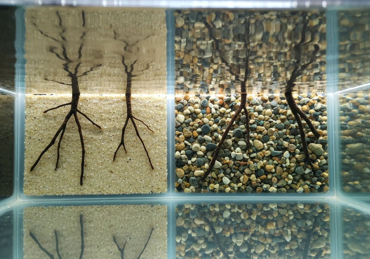 Bottom view of mangrove roots gripping fine sand versus coarse gravel in a shallow tank.