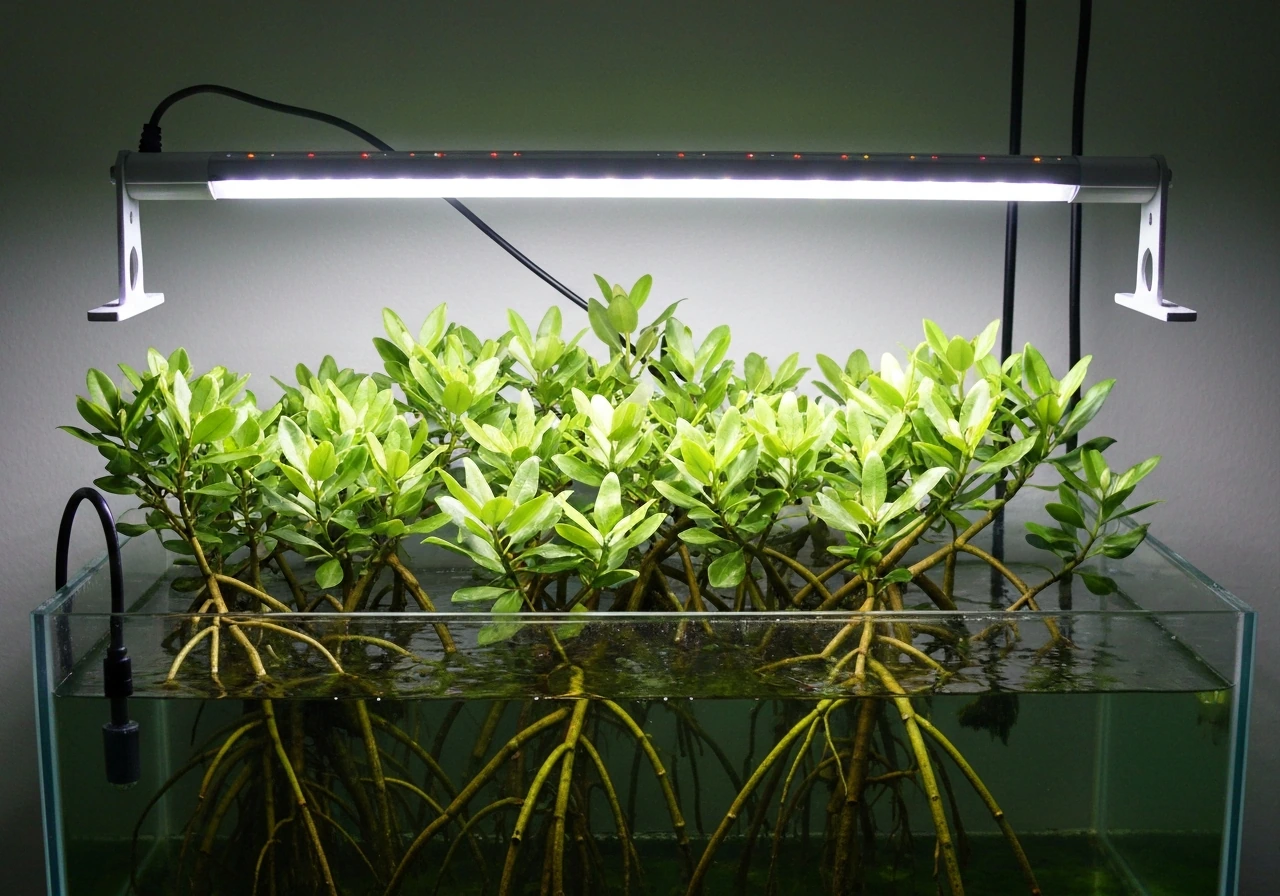 Full-spectrum LED/T5 light fixture mounted above a mangrove canopy in a simple aquarium setup
