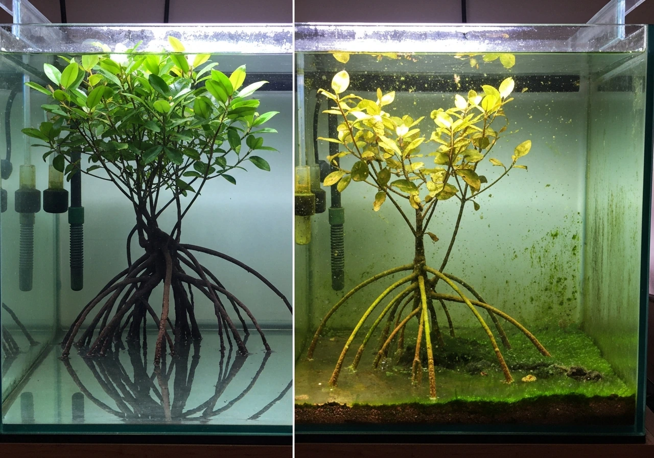 Healthy mangrove roots and canopy beside a stressed section with leaf drop and green algae on glass.