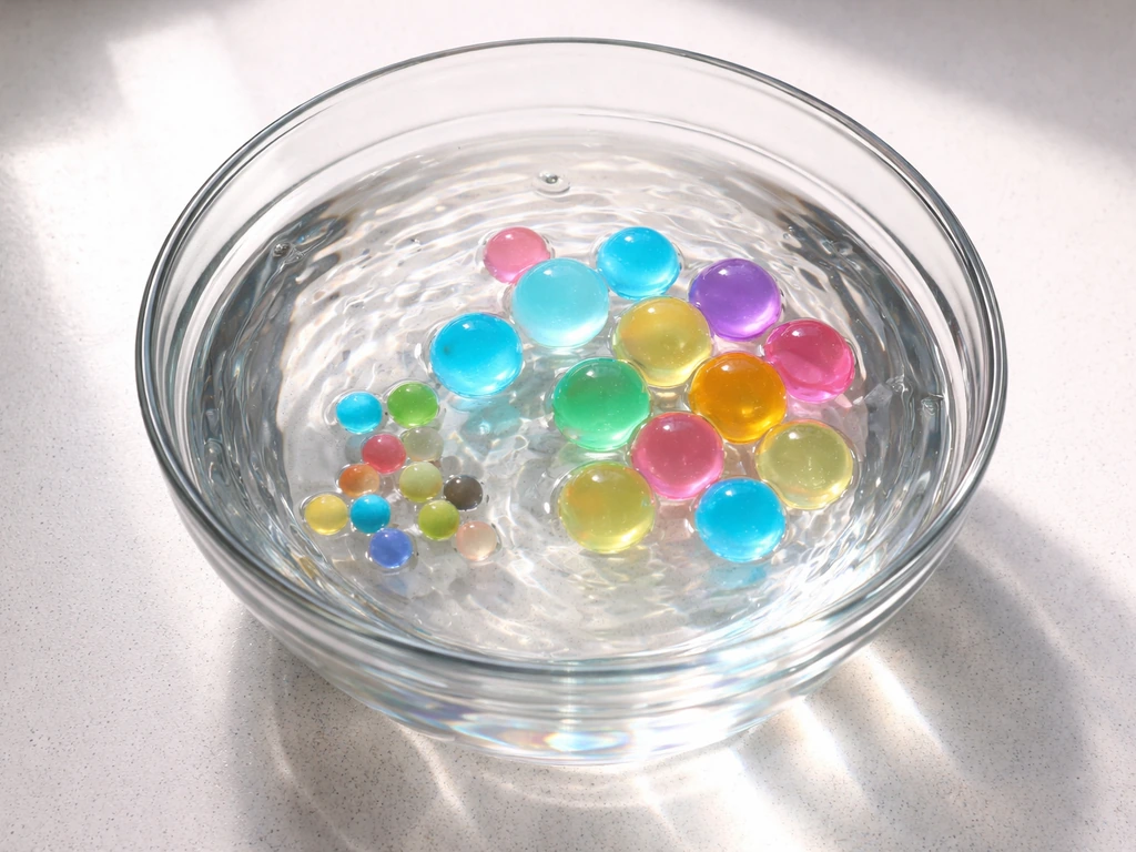 Overhead shot of jelly balls rapidly expanding in a clear bowl of water, showing dramatic size contrast.