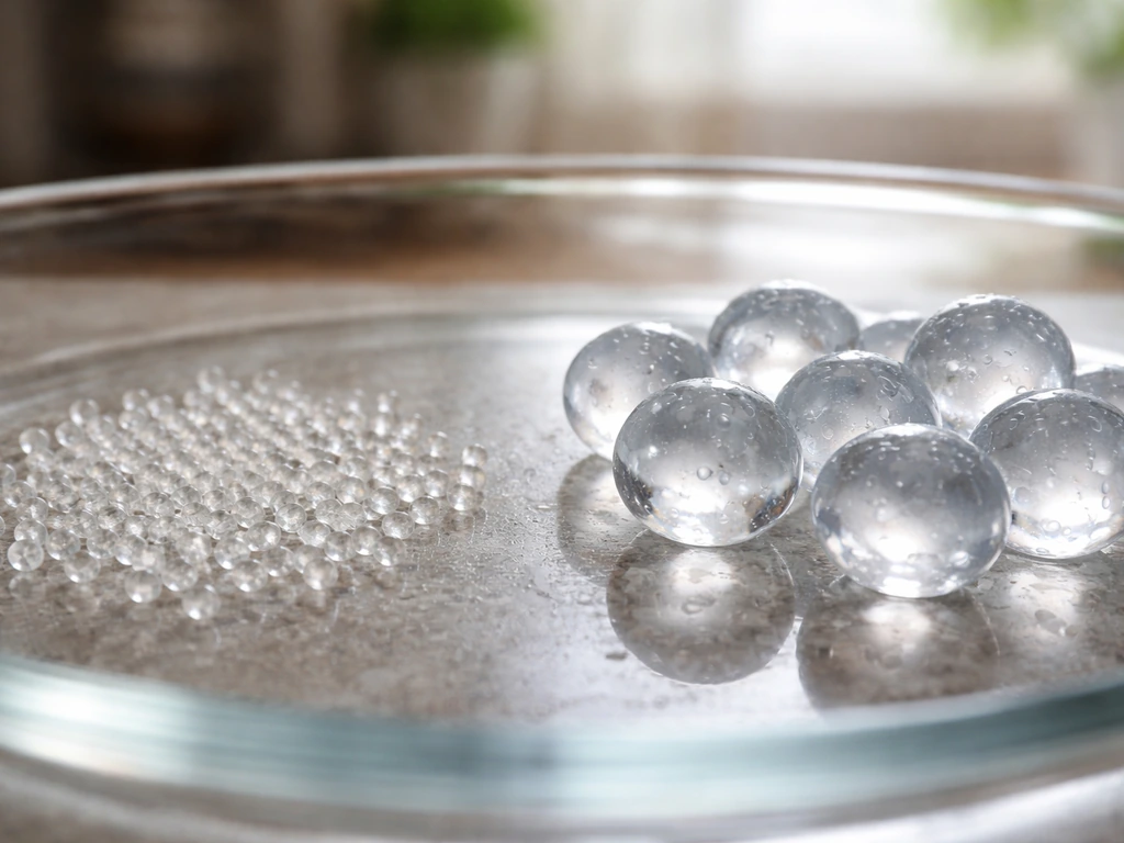 Macro view of dry SAP jelly balls next to larger hydrated water-expanded jelly balls.