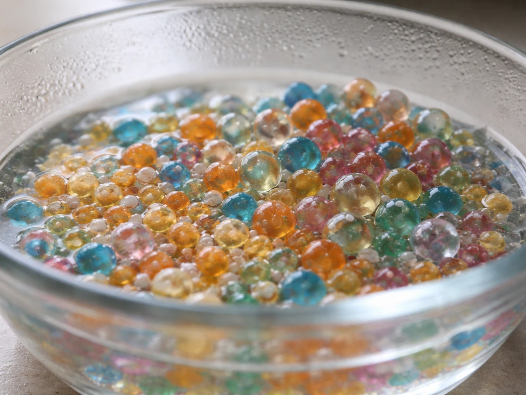 Tiny partially swollen gel beads in shallow water inside a clear glass bowl.
