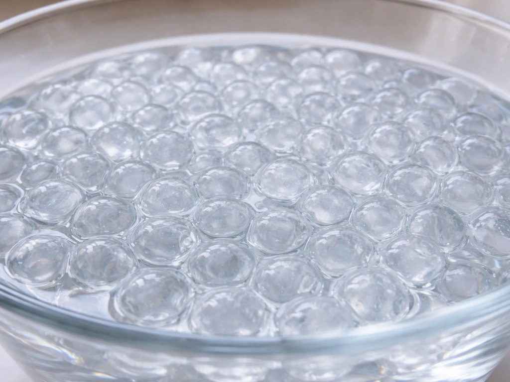 Uniformly expanded translucent jelly balls evenly spread on clear water surface in a glass bowl.