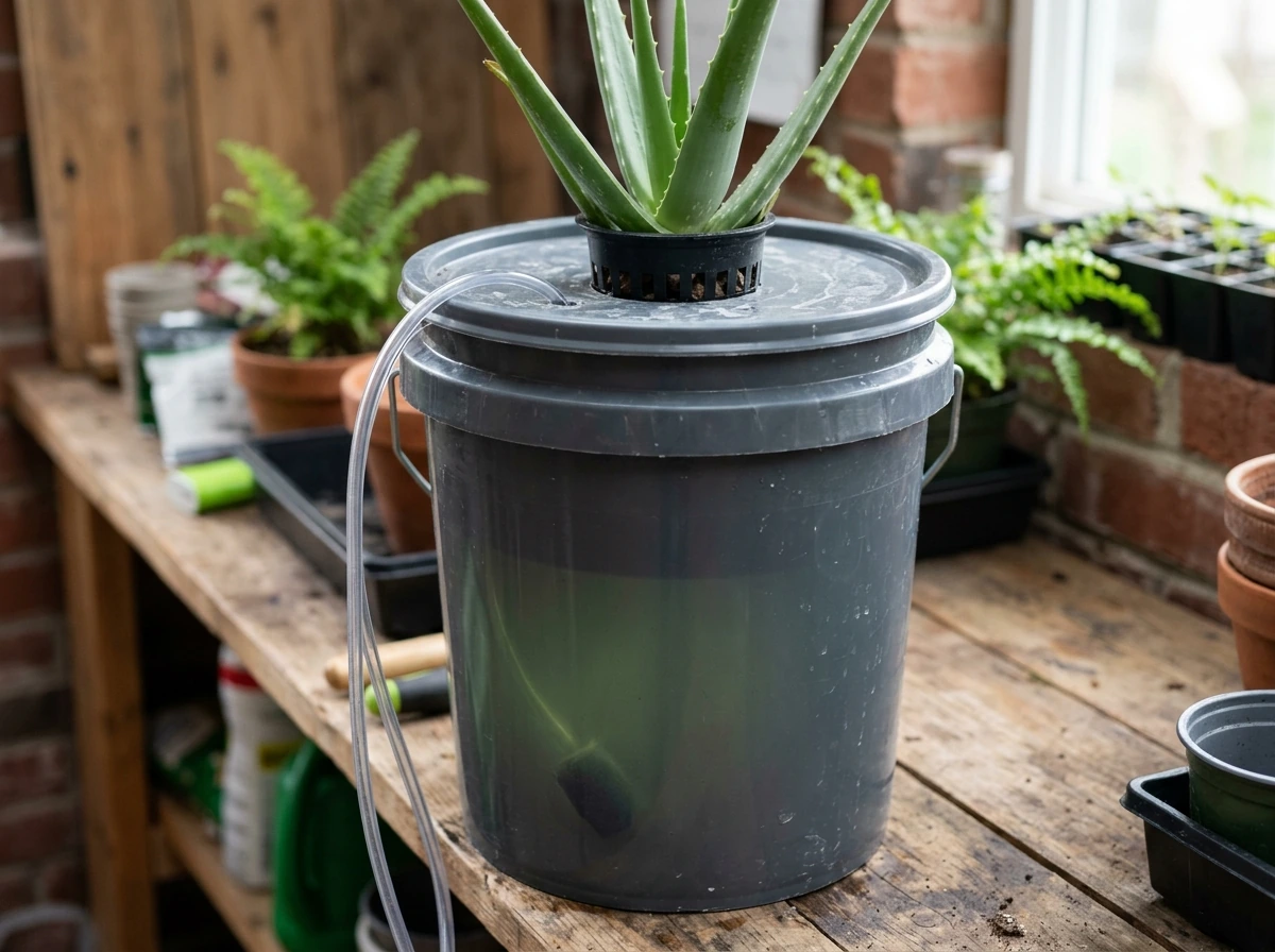 3–5 gallon opaque reservoir bucket for a single aloe plant