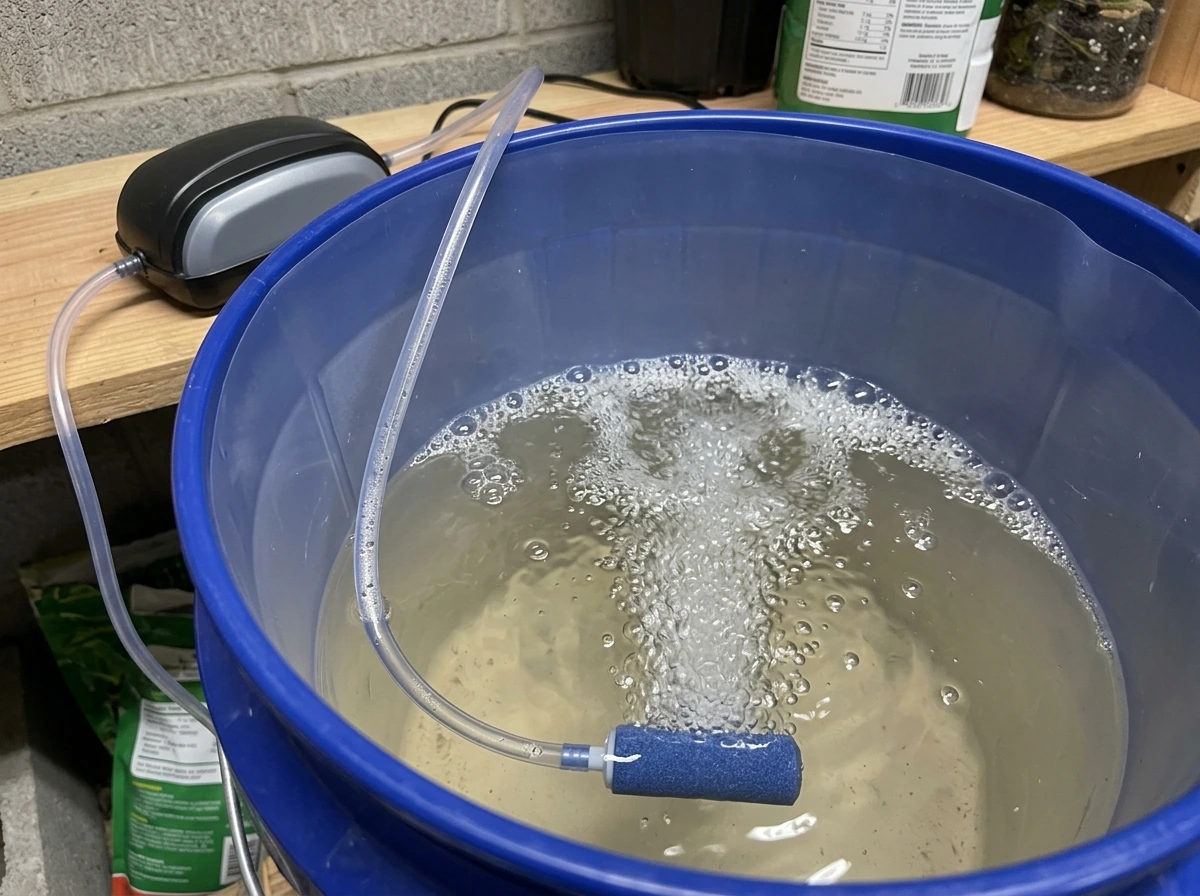 Air pump tubing and air stone aerating nutrient solution in the reservoir