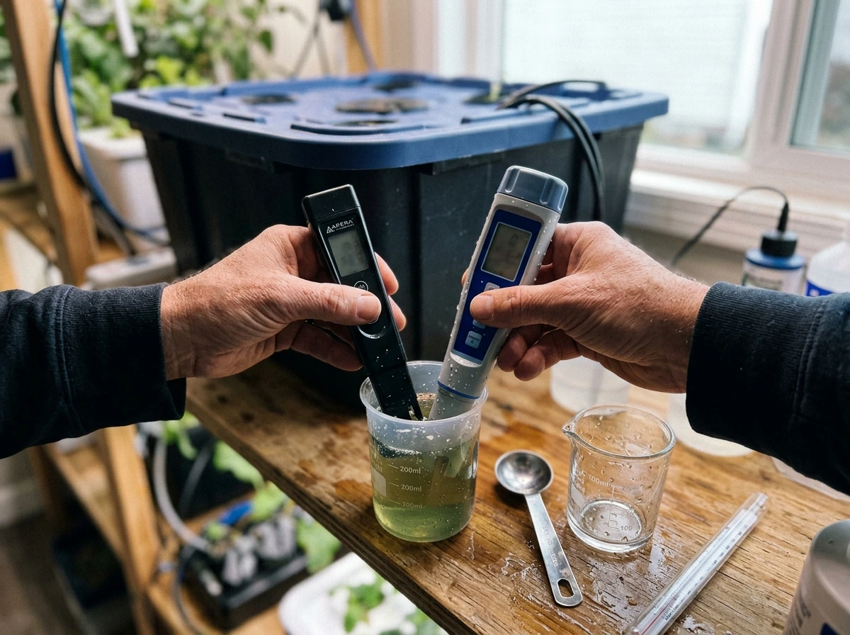 Checking and adjusting pH and EC with digital meters in nutrient water