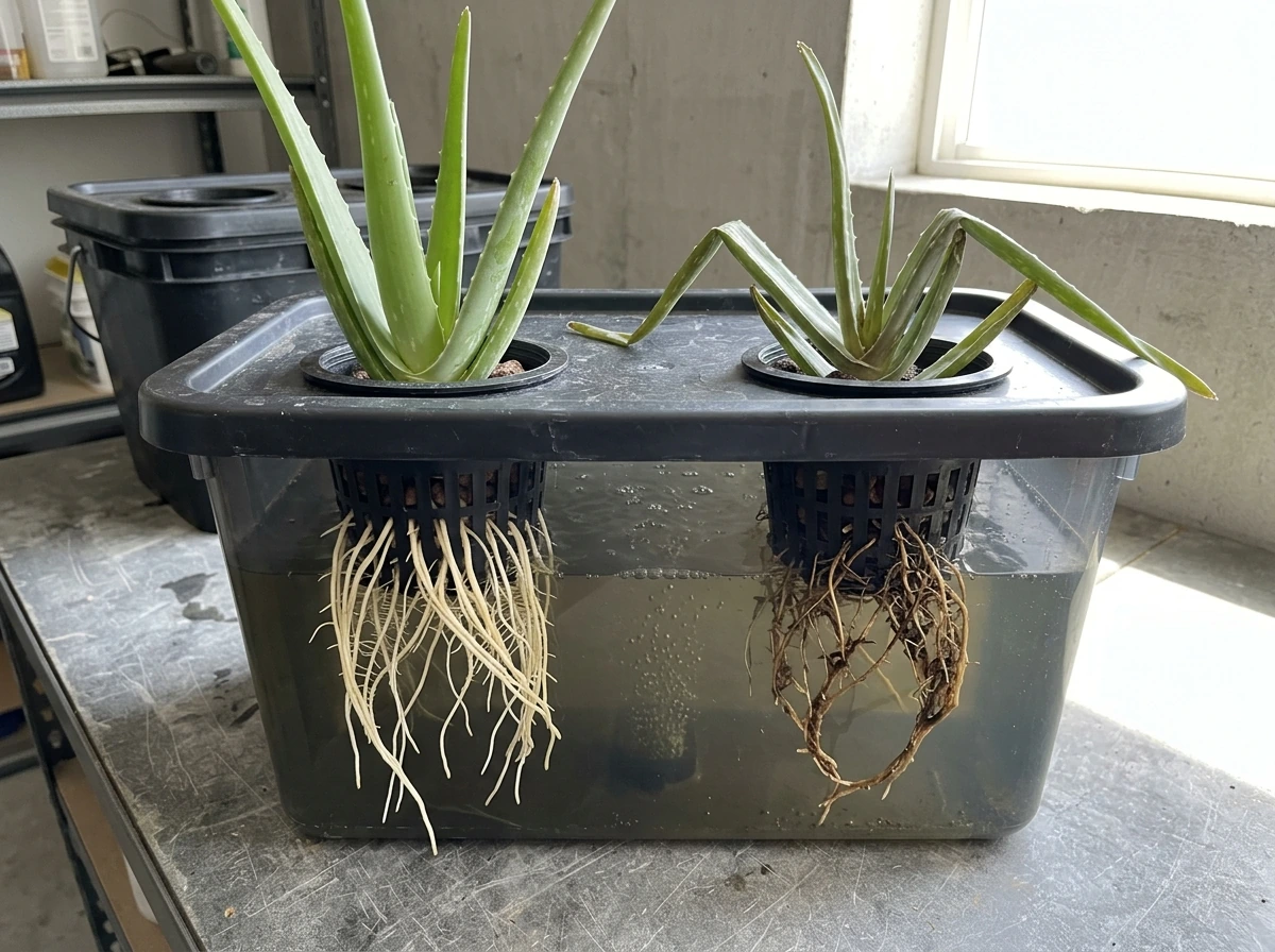Healthy versus rotting roots in hydroponic aloe: rot prevention outcome