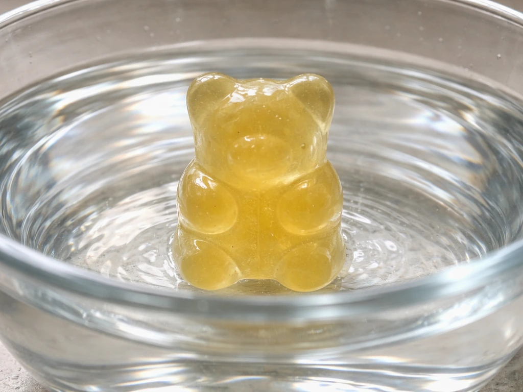 Translucent gummy bear in a clear bowl of water, slightly swollen, with subtle water uptake cues.