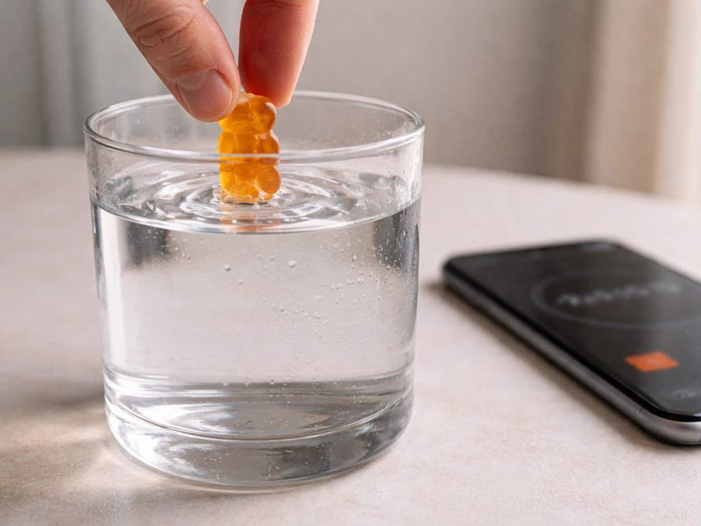 Gummy bear placed into clear water with a smartphone timer beside it, minimal tabletop scene.