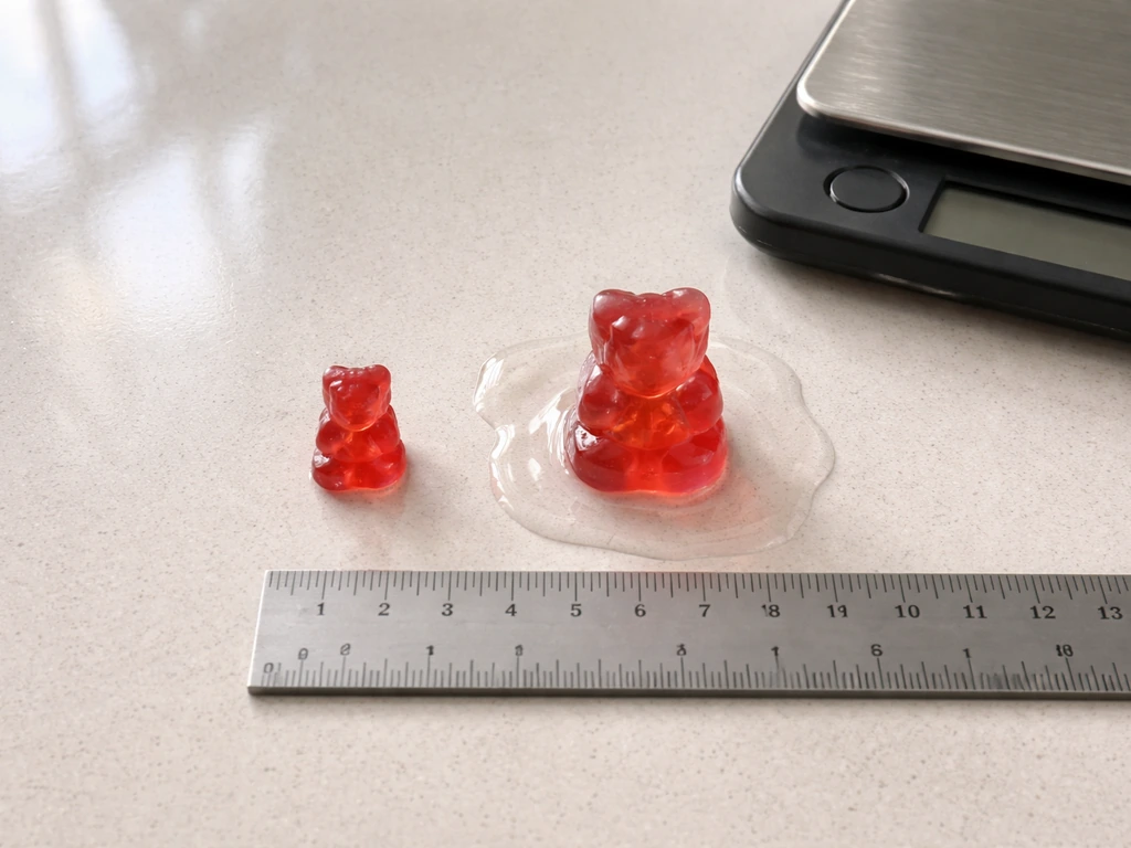 Before and after swollen gummy soaking comparison with a ruler and a covered digital scale beside them.