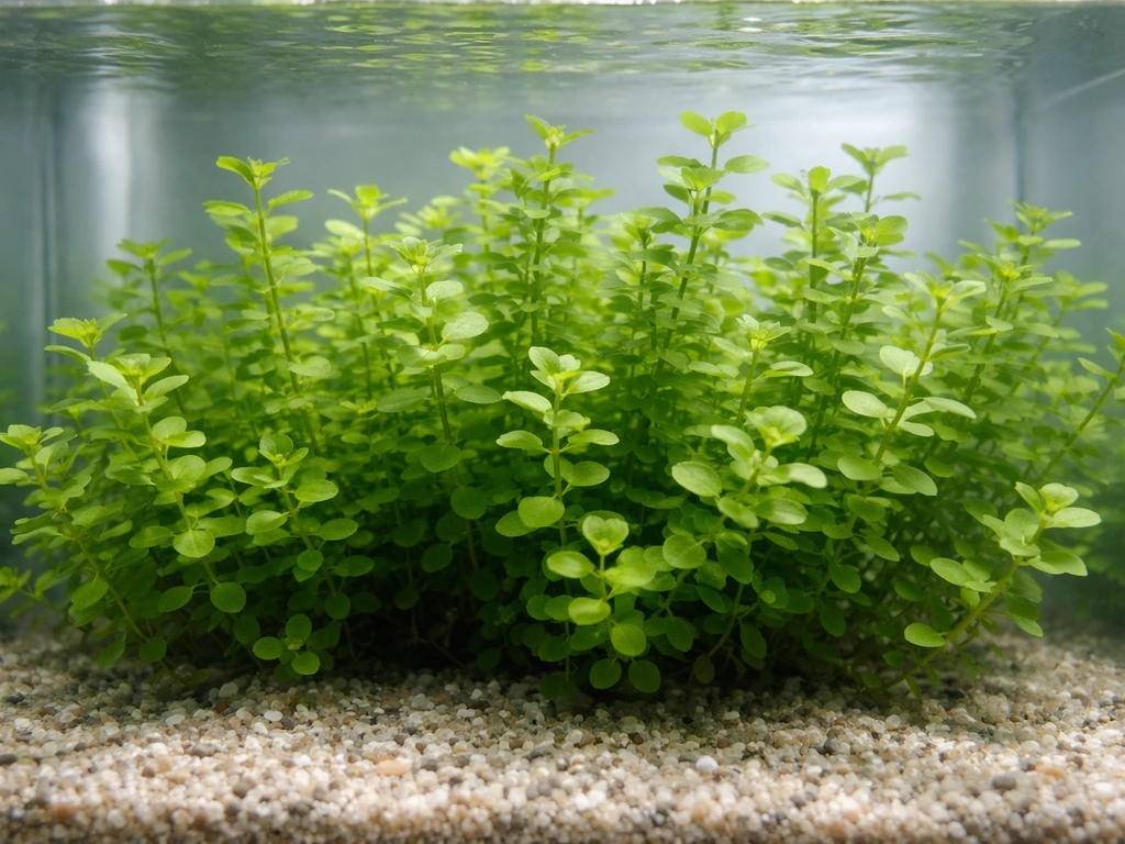 Lush bacopa carpeting in a clear aquarium, with visible leaf clusters along the back midground.