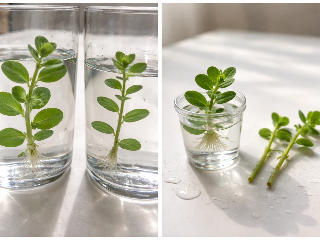 Close-up of bacopa leaves beside two planting options: rooted potted plant and bare stem cuttings.