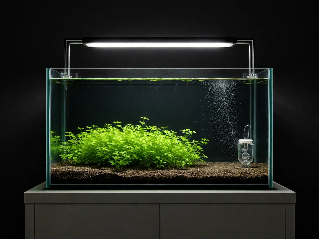 Planted aquarium with adjustable LED light and a visible CO2 diffuser near bacopa-like plants.