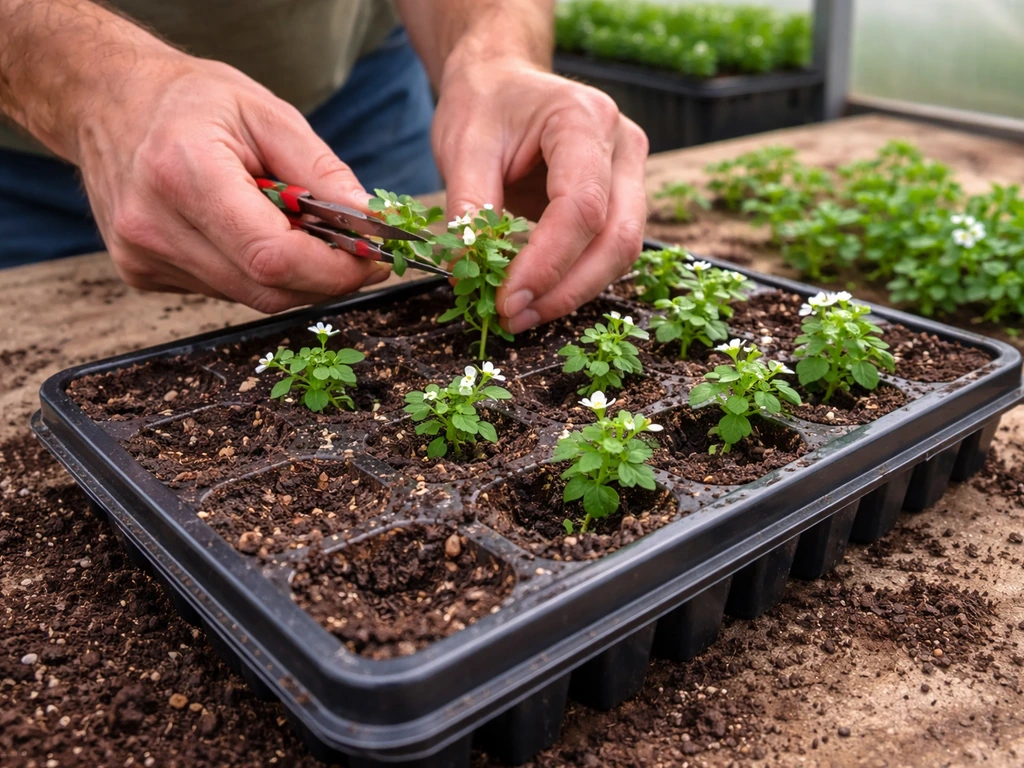 Hands trimming and replanting healthy Bacopa cuttings in a small propagation tray.