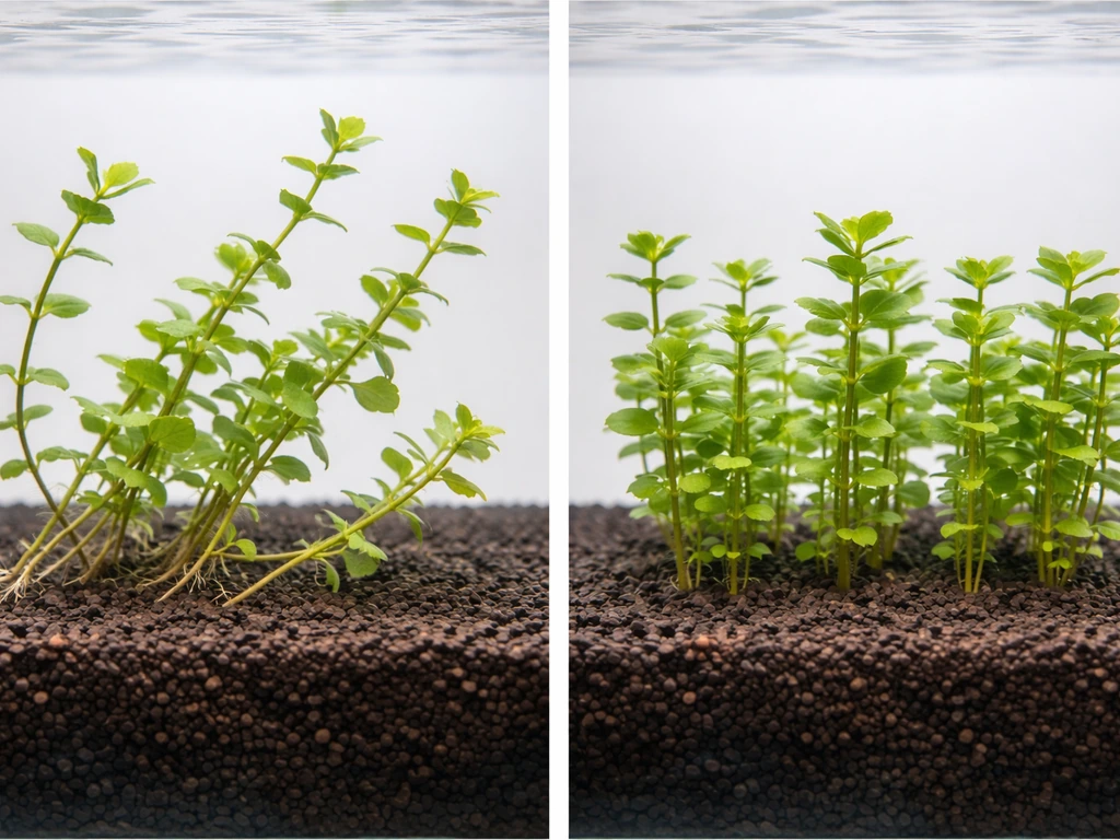 Aquarium Bacopa split view: stems floating on one side, firmly planted on the other.