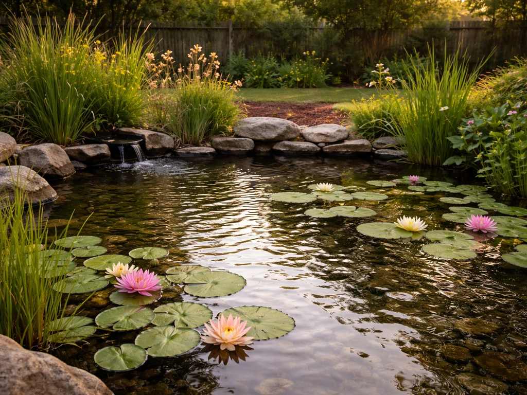 Clear backyard pond water garden with water lilies, marginal plants, and subtle pump/filtration near the edge.