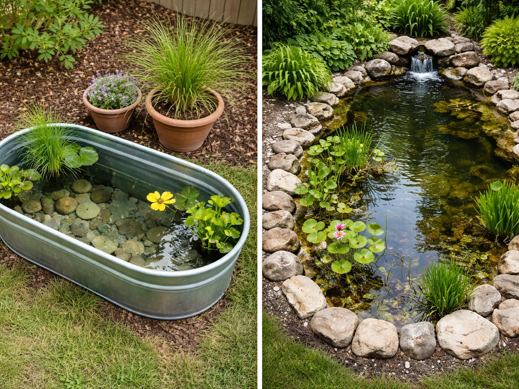 Overhead view comparing a small stock-tank water garden and a larger backyard pond layout side by side.