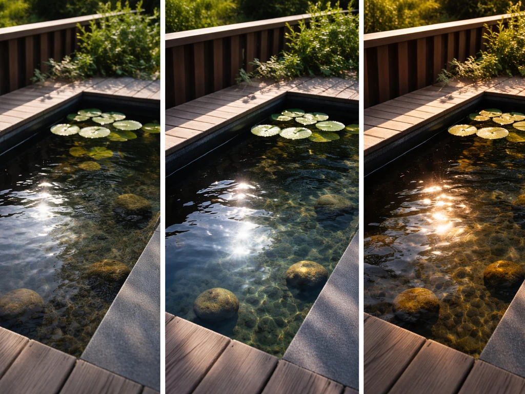 Minimal backyard pond scene with sunlight bands and visible water depth near a container edge