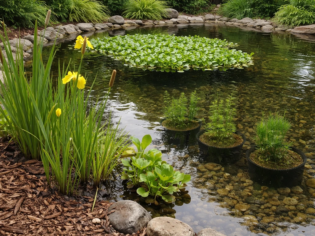 Minimal pond planting layout showing marginal, floating, and submerged plants in layered sections