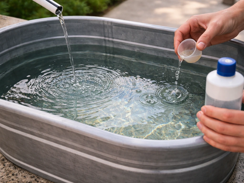 Dechlorinator drops into a stock tank as tap water is poured before adding plants or fish.