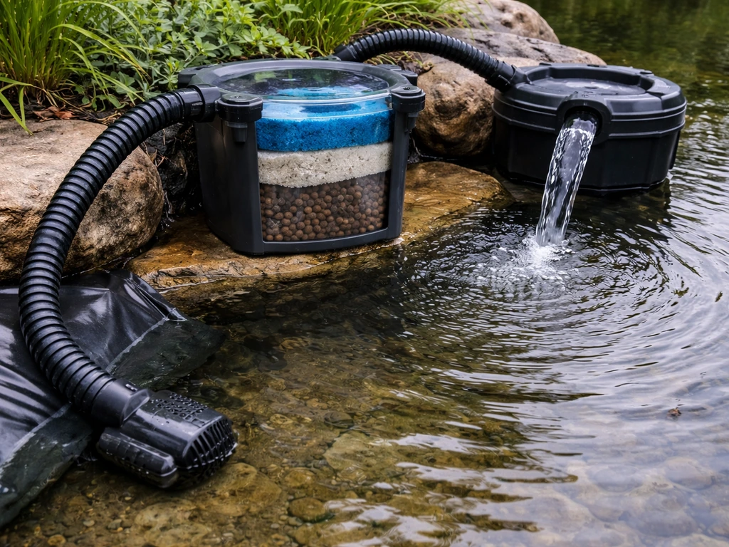 Running pond filtration station with pump intake, filter media, and water flowing through near the pond edge.