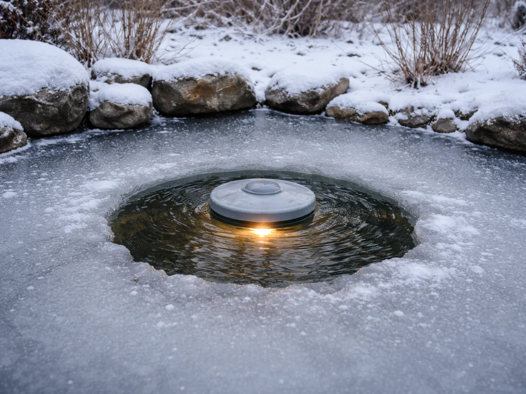 Winter backyard pond with a floating pond de-icer keeping a clear ice-free hole