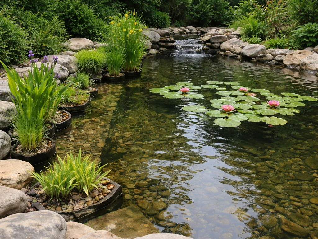 Backyard pond with water lilies in shallow, mid-depth, and deep planting zones, healthy foliage.