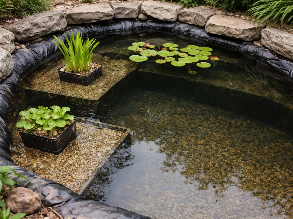 Top-down view of a small backyard pond with visible planting zones, shelves, and submerged pots.
