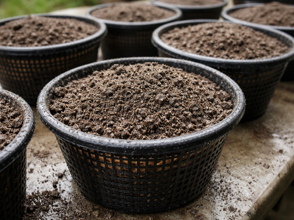 Close-up of aquatic planting baskets filled with dark topsoil and sand mix, ready to plant.