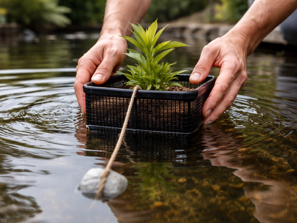 Hands lowering an aquatic planting basket into a pond, centering it and anchoring roots at correct height