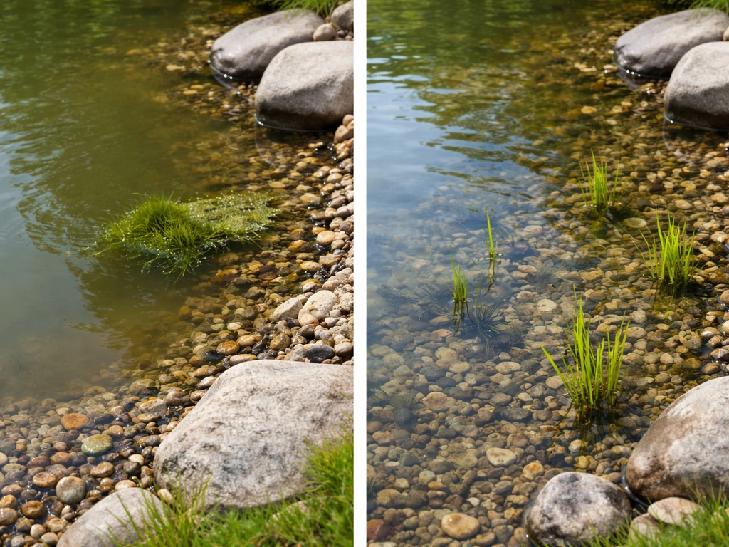Pond edge showing hazy water with a small algae patch beside clearer water with young aquatic plants.