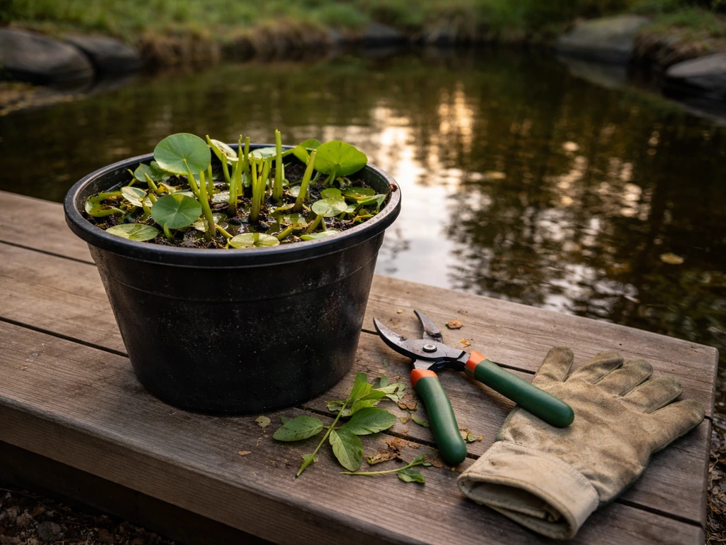 Gardener cuts back a hardy water lily in its pot and lifts it from a pond before frost.