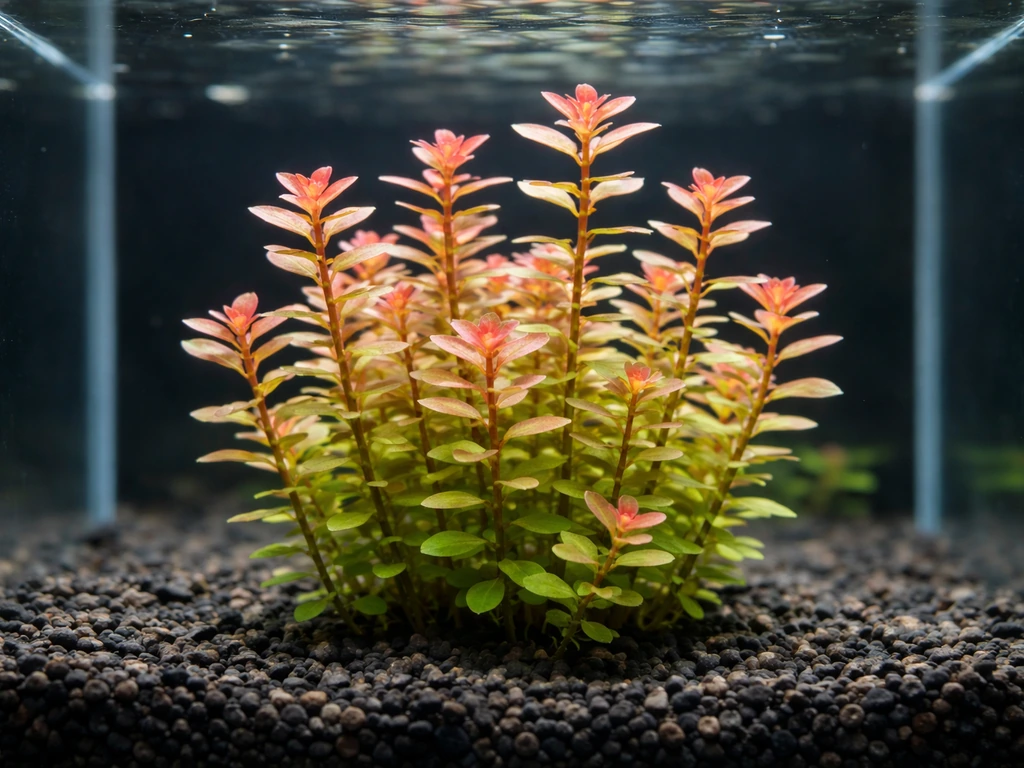 Healthy Rotala rotundifolia stems with red-green leaves growing above gravel in a clear aquarium