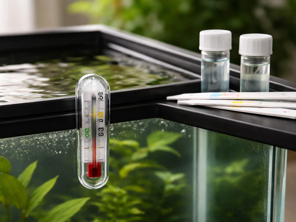 Close-up aquarium thermometer reading about 25°C next to visible water test strips on the tank rim
