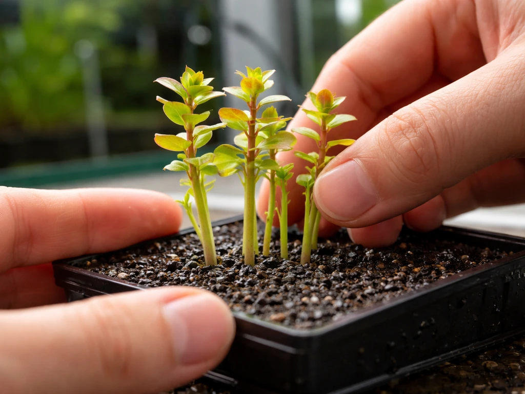 Hands placing aquarium plant stem cuttings into wet substrate in small groups to encourage quick rooting.