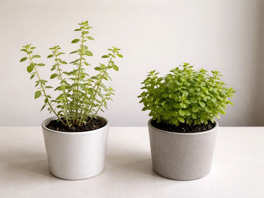 Two potted Rotala rotundifolia cuttings side-by-side: one stretched and sparse, one dense and thriving.
